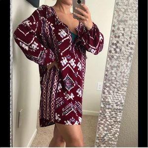 Roxy Aztec printed beach cover up tunic maroon white purple green